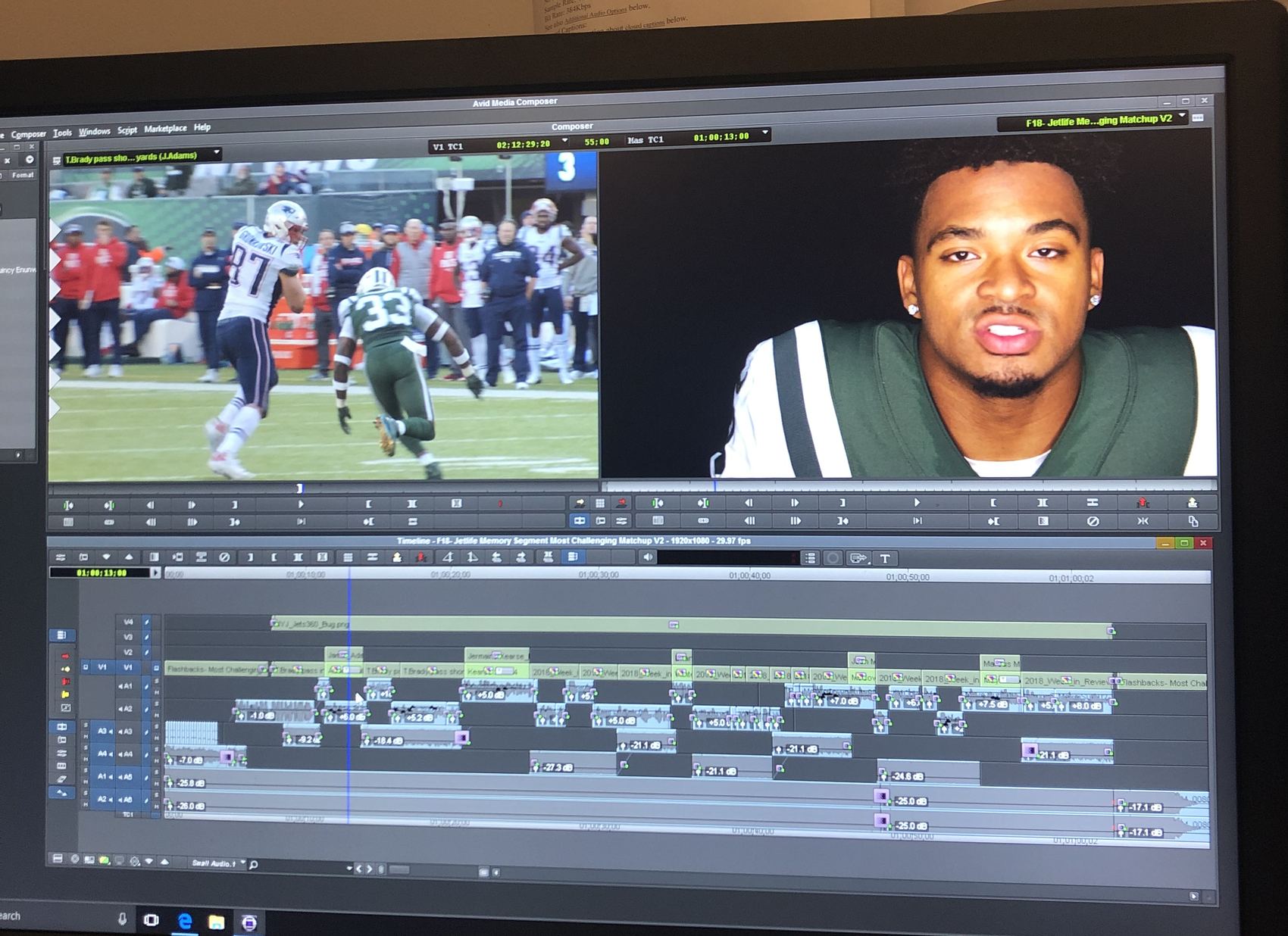 An Avid Media Composer timeline on a monitor, showing a Jets and Patriots game clip alongside a Jamal Adams interview.